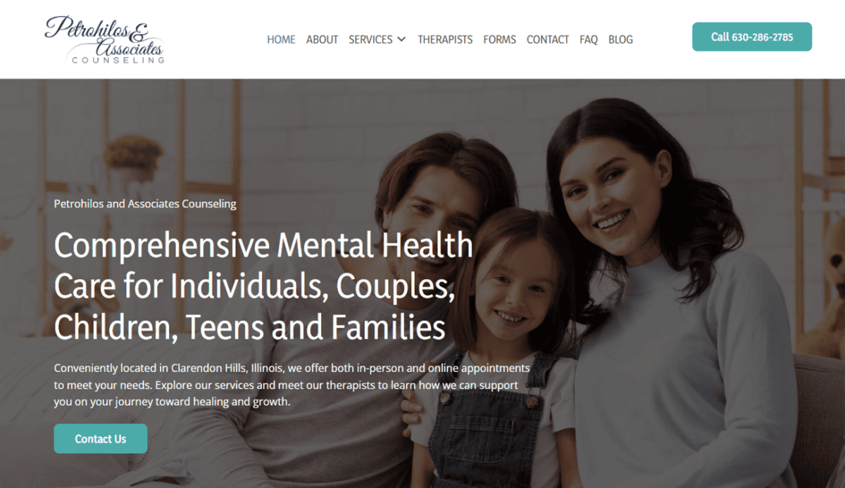 Screenshot of Petrohilos & Associates' mental health clinic website showing services, staff, counseling options, testimonials, affiliations, blog posts, and contact details for individuals, couples, children, teens, and families.