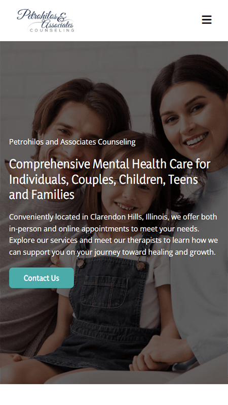 A woman sits on a bench holding her head. Below are sections on suicide risk, causes, warning signs, and how to get help through counseling or therapy at Petrohilos & Associates, with images of people comforting each other and information resources.