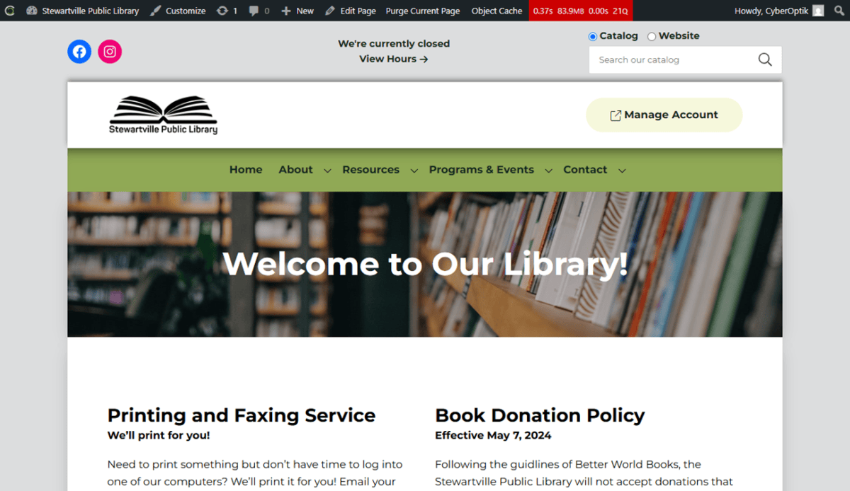 Screenshot of the Stewartville Public Library website homepage featuring sections on printing, book donations, public meetings, Libby and MNLink app info, tax help, library card applications, hours, contact details, and a navigation menu.