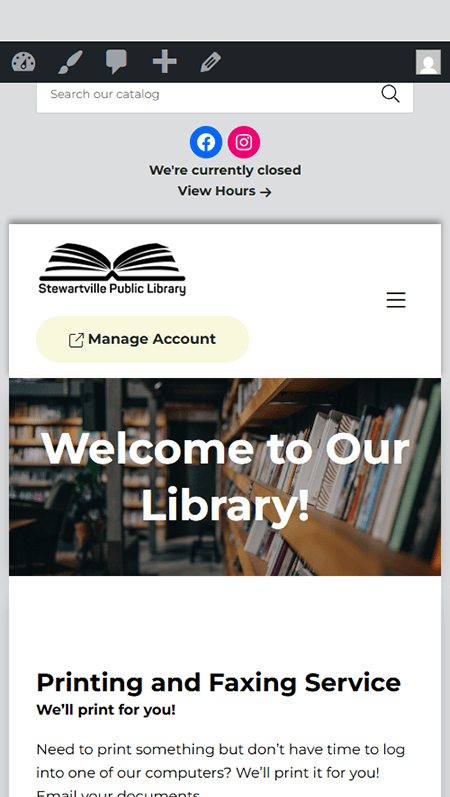 Screenshot of the Stewartville Public Library website featuring printing services, public meeting info, book donation policy, 2023 tax help, mission statement, contact details, a map, and links to Libby and MNLink library services.