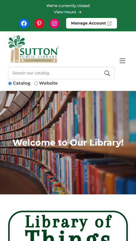 Screenshot of the Sutton Public Library website displaying navigation menus, service buttons, and colorful banners for events and adult programs. Lower sections feature library hours, contact info, and social media links.