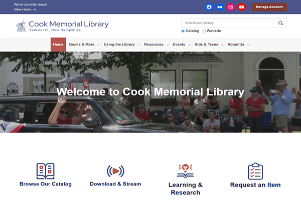 Screenshot of Cook Memorial Tamworth Library’s homepage featuring a navigation menu, a welcome message, and icons for catalog browsing, digital downloads, research, and item requests.