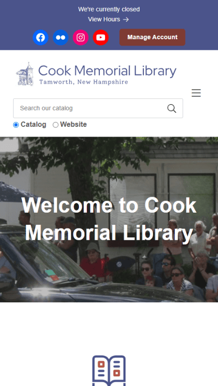 Screenshot of the South River High School Media Center webpage, featuring a clean, text-based layout with navigation links, announcements, quick links, and contact information—similar to the style seen at Tamworth’s Cook Memorial libraries.