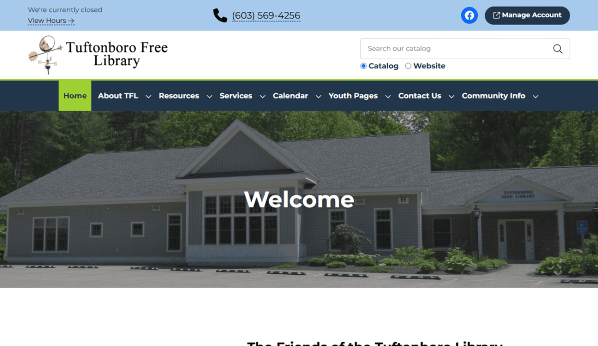 Screenshot of the Tuftonboro Free Library homepage featuring event announcements, contact information, hours of operation, and resource links from this welcoming Tuftonboro library.