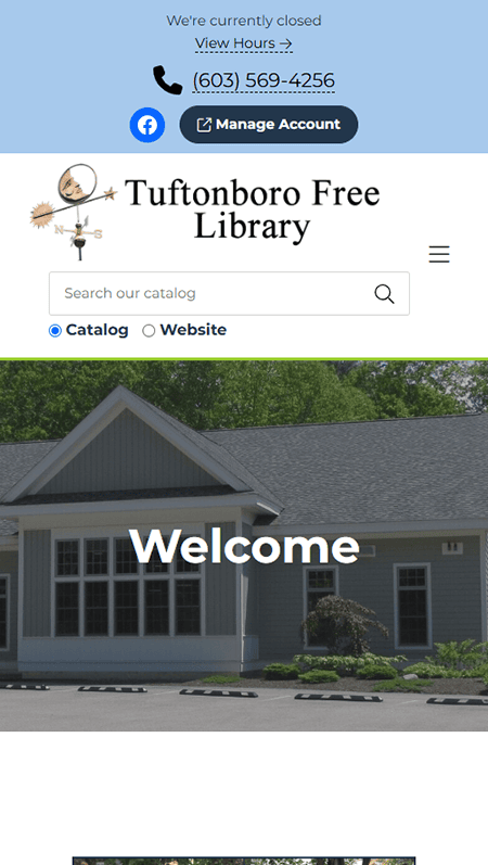 Screenshot of a synagogue website homepage with welcome message, service times, event flyers, donation options, and links to livestreams and social media—plus information about the Tuftonboro Free Library and local resources in Tuftonboro.