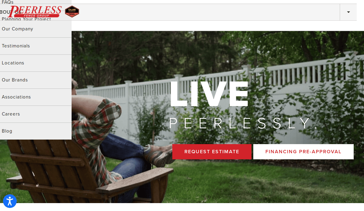 A person sits on a wooden chair in a backyard facing a white fence with trees behind it. Overlaid text reads LIVE PEERLESSLY. Perfect for a fence service website or salesperson, two red buttons offer Estimate and Financing Pre-Approval. A sidebar menu is open.