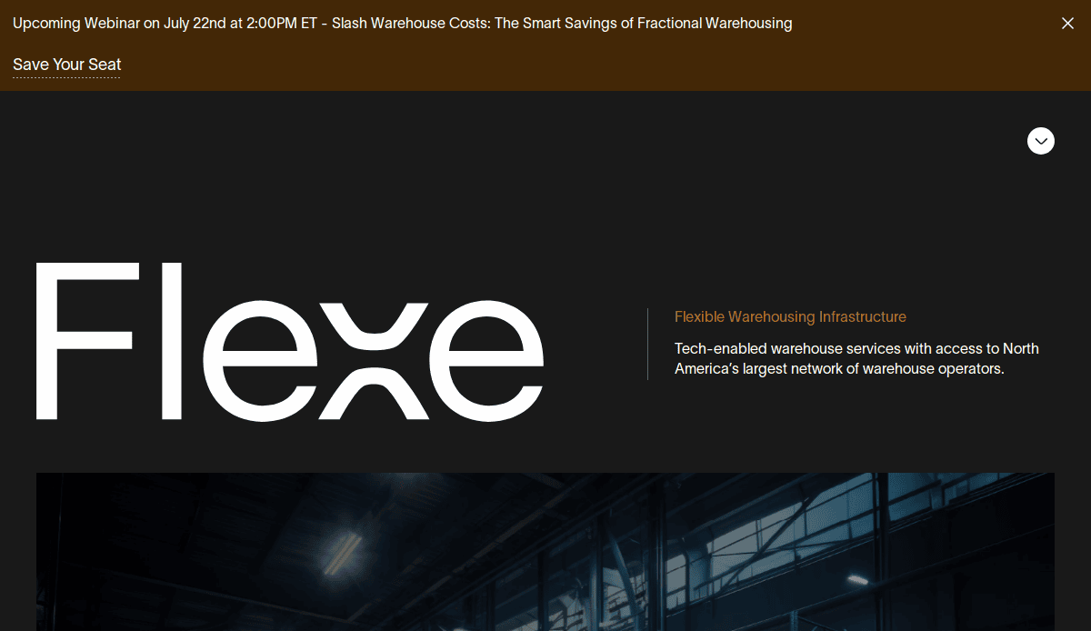 A website banner for Flexe boasts a high-performing webinar announcement on warehouse cost savings, featuring the Flexe logo, a brief service description, and an industrial warehouse image to enhance their online presence.