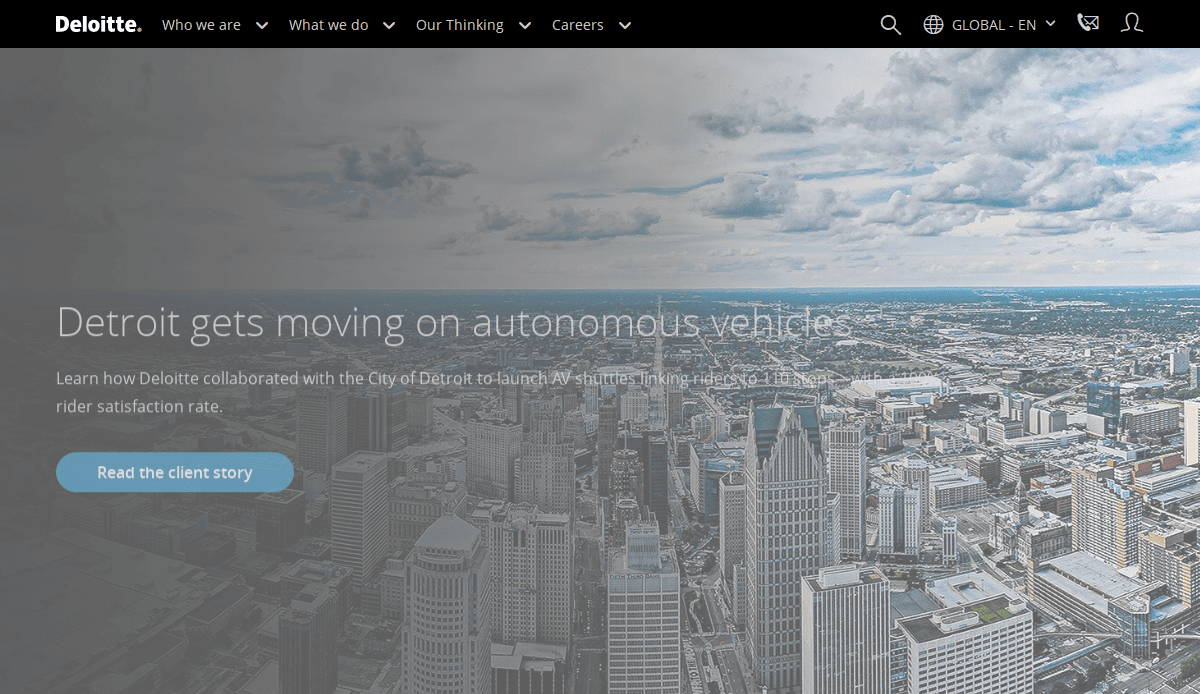 Aerial view of downtown Detroit with high-performance skyscrapers under a partly cloudy sky. Text overlay reads: Detroit gets moving on autonomous vehicles with a button labeled Read the client story. Deloitte logo and CPA website menu bar are at the top.