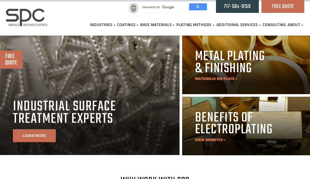 Screenshot of SPC Surface Treatment Experts homepage, showcasing manufacturing website design with industrial metal parts, text links for metal plating, electroplating benefits, surface treatment services, plus a navigation menu and contact information.