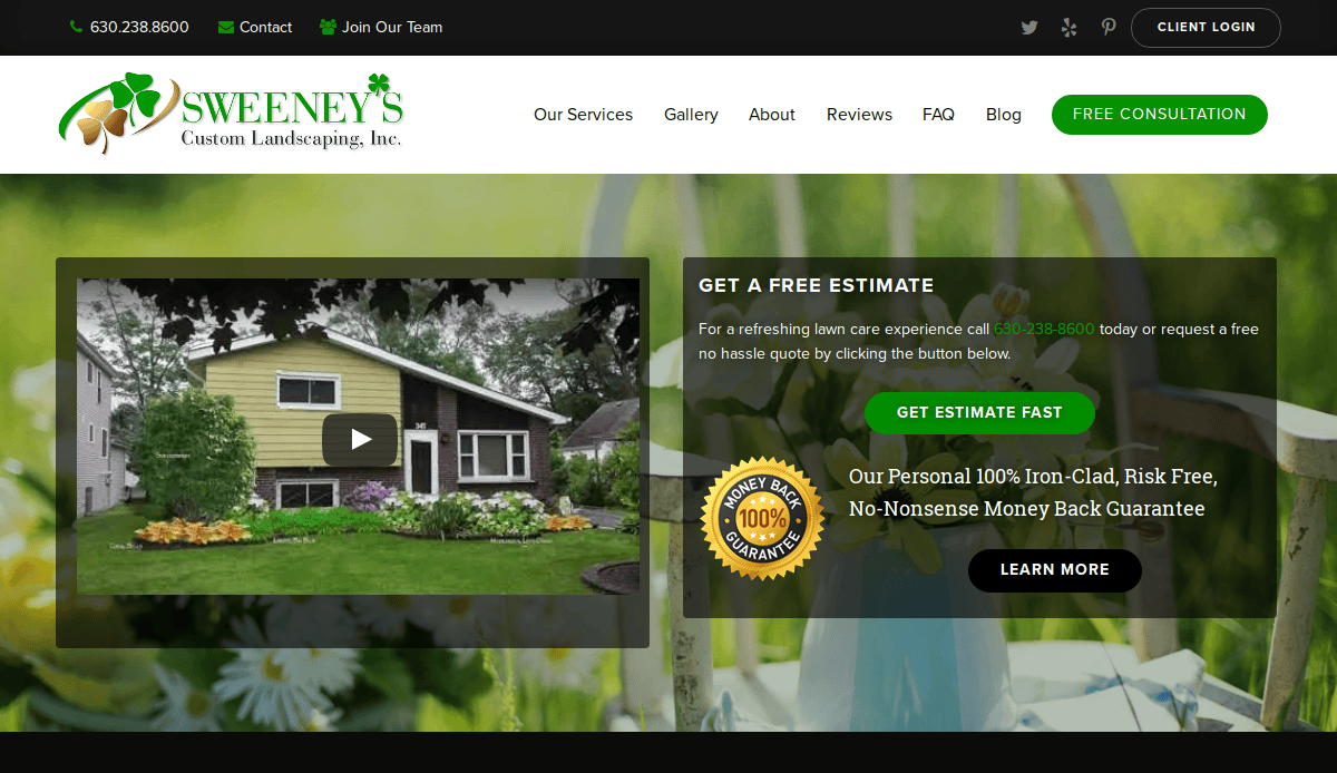 Screenshot of Sweeney’s Custom Landscaping website, featuring a green header, contact info, and menu. The main section showcases a house with landscape design and a “Get Estimate Fast” button for free landscaping estimates.