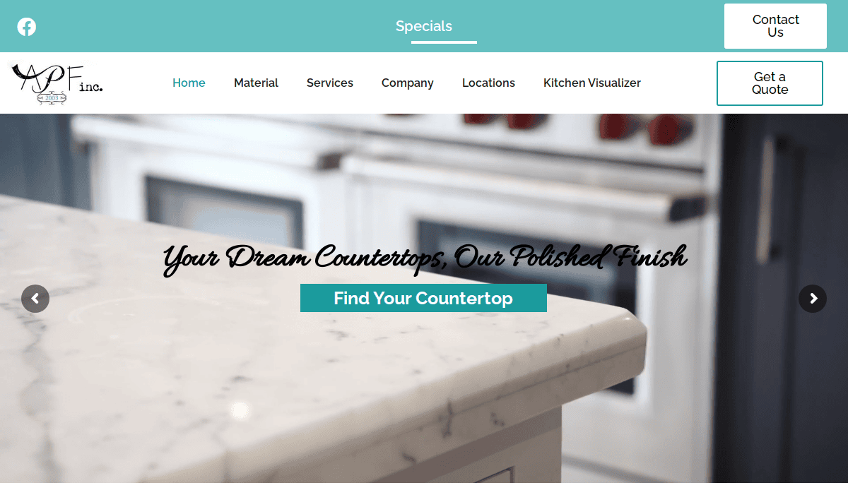 A close-up of a marble countertop in a modern kitchen features a website banner reading Your Dream Countertops, Our Polished Finish—with a Find Your Countertop button—perfect for a sleek kitchen remodeling website. Menu and contact options are visible.