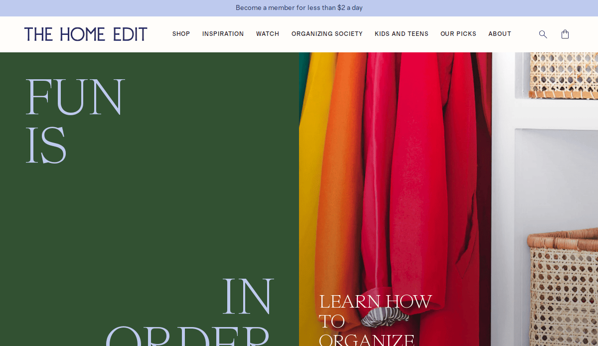 Screenshot of The Home Edit website homepage, created by expert home organizers, featuring a green background with the text FUN IS IN ORDER and colorful clothes beside woven baskets. The navigation bar is visible at the top.