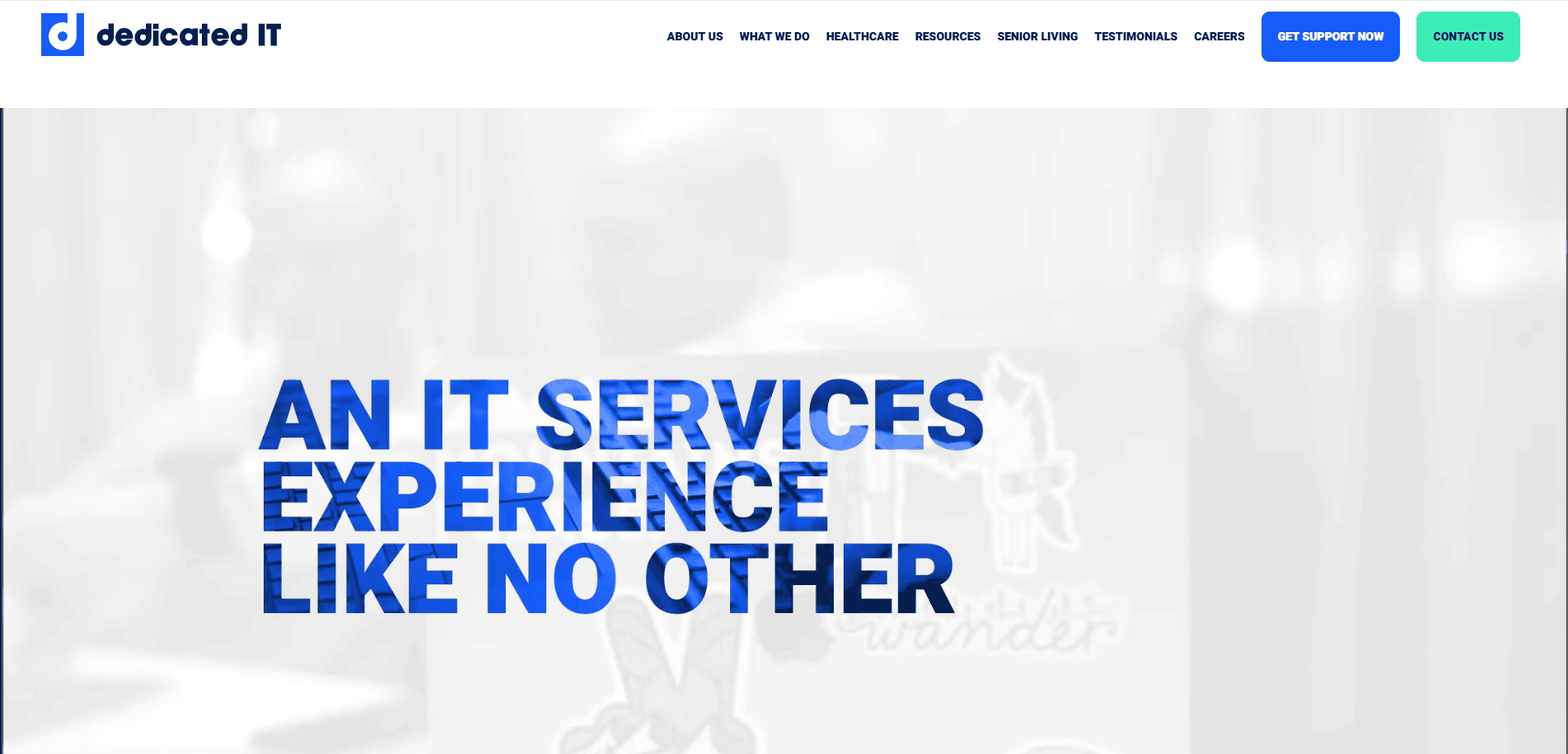 A website homepage for dedicated IT and MSP services featuring the slogan An IT services experience like no other in bold blue and black text, with Website Design-inspired navigation and contact buttons at the top.