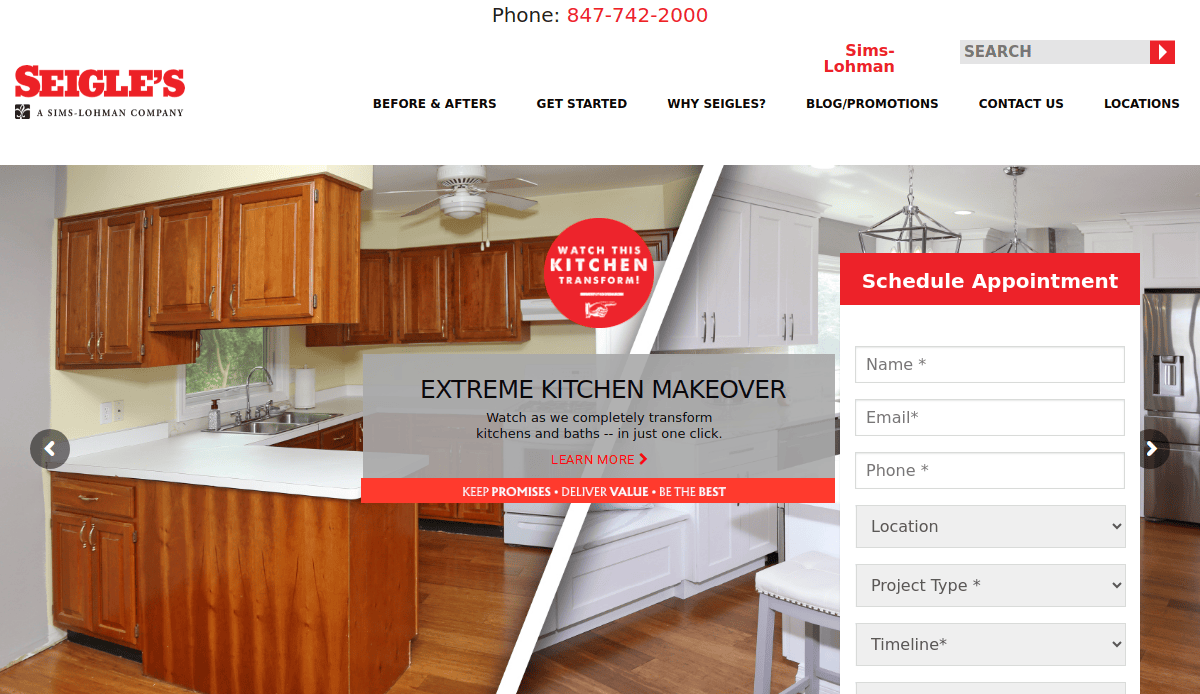 Website homepage for Seigle’s displaying a kitchen makeover with before-and-after images, a red “Schedule Appointment” form, and navigation links at the top. Explore our kitchen portfolio, with phone number and company logo clearly visible.