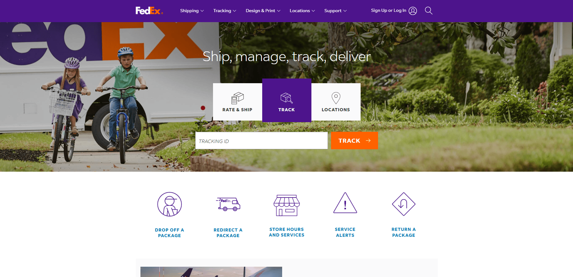 Two children ride bicycles on a sidewalk near a FedEx delivery truck. The transportation website design features a search bar for tracking packages and navigation options like Rate & Ship, Track, and Locations at the top.