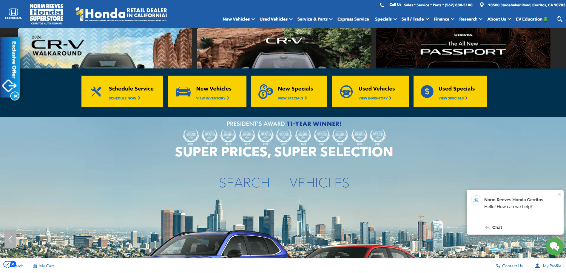 Screenshot of a Honda dealership website with intuitive web design, navigation menus, banners for CR-V and Passport models, and buttons to schedule service or view vehicles. A row of Honda cars appears at the bottom.