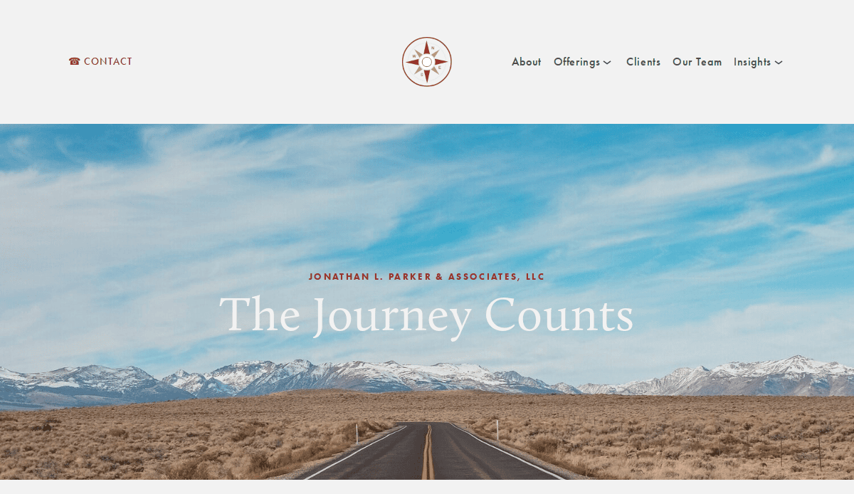 A long road leads toward distant mountains under a blue sky with scattered clouds; overlaid text reads Jonathan L. Parker & Associates, LLC – The Journey Counts. Website navigation appears at the top, reflecting a professional life coach website to help fix losing clients.