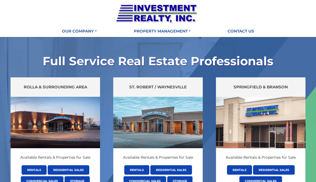 Screenshot of Investment Realty, Inc. Property Management Website displaying three property listings for various areas, each with photos and buttons for rentals and properties for sale under residential and commercial categories—showcasing modern website design.