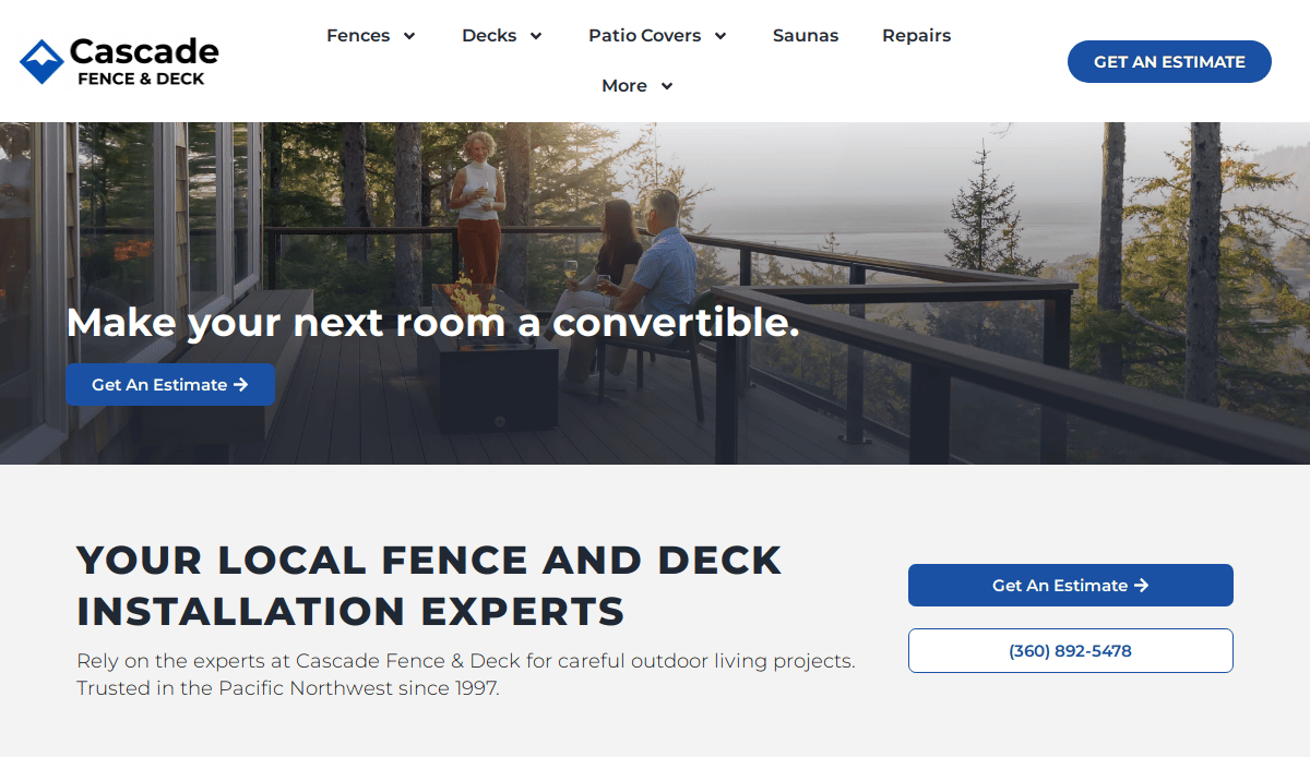 A man and two women relax on a modern deck overlooking trees, with outdoor seating and a glass railing. This Fence Service Website promotes Cascade Fence & Deck’s installation services, featuring a button to get an estimate.