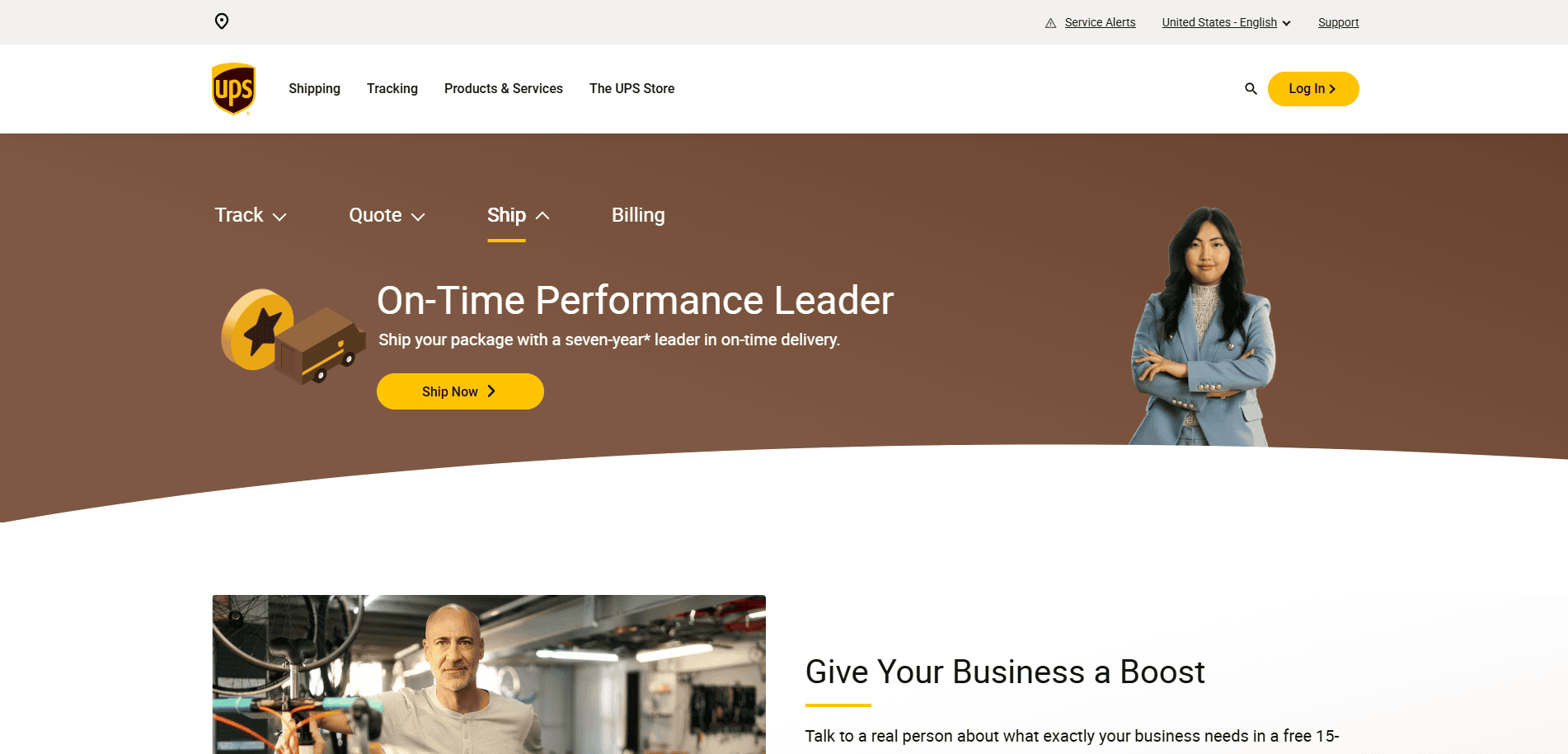 Screenshot of the UPS logistics site design homepage featuring a woman in business attire, On-Time Performance Leader text, and a yellow Ship Now button, highlighting their high-performing online presence and visible shipping options.