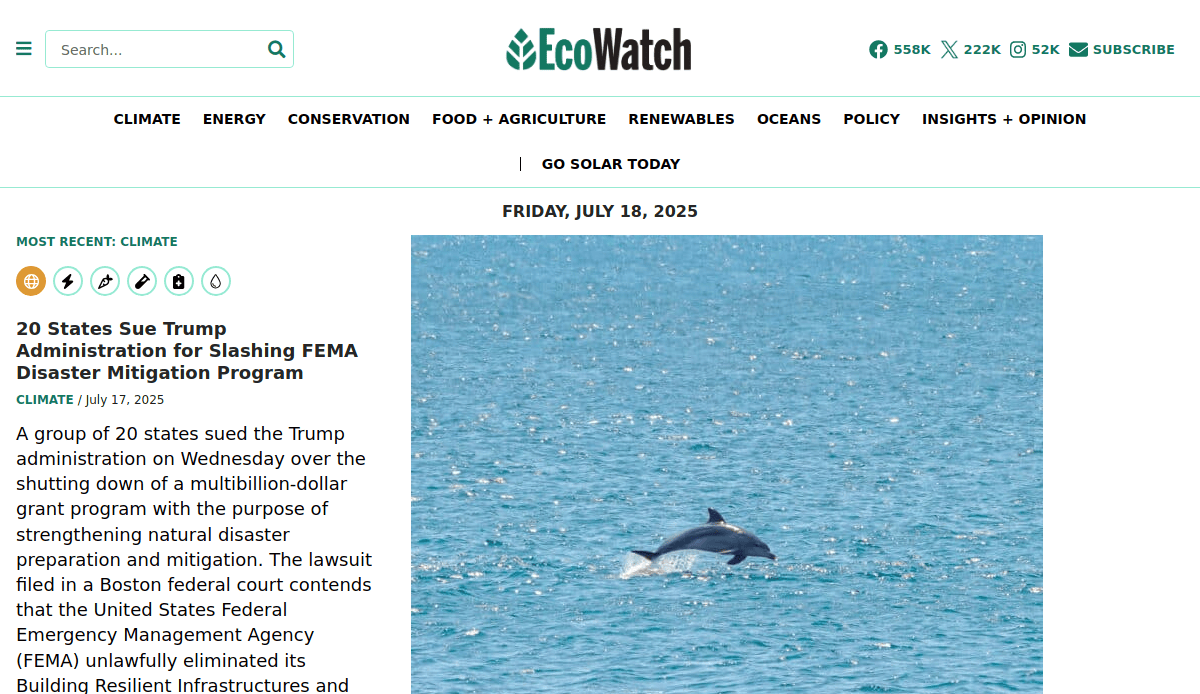 A dolphin swims in blue ocean water under a sunny sky, illustrating an EcoWatch news article about 20 states suing the Trump administration over cutting FEMA disaster mitigation funding—a key concern in environmental web design coverage.