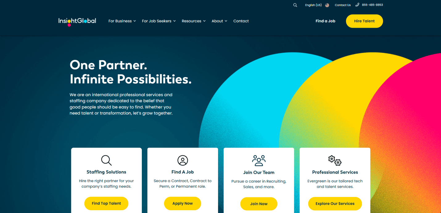 Screenshot of Insight Global’s Recruitment Agency Website Design, featuring a blue background with colorful overlapping circles, navigation menu, and four main service cards: Staffing Solutions, Find a Job, Join Our Team, and Professional Services.