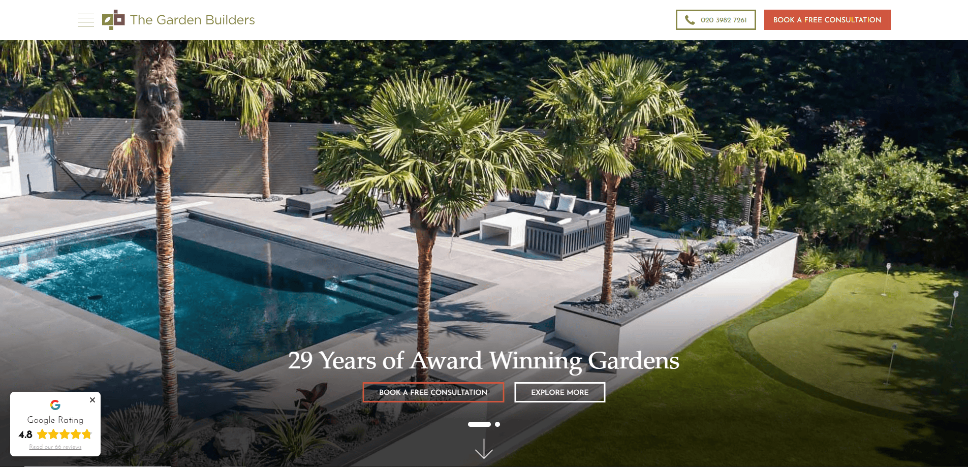 A modern landscaped backyard featuring a swimming pool, palm trees, lounge seating area, manicured lawn, and lush greenery. Text reads, 29 Years of Award Winning Landscape Design. Garden Builders branding and Landscaping Website contact buttons are visible.