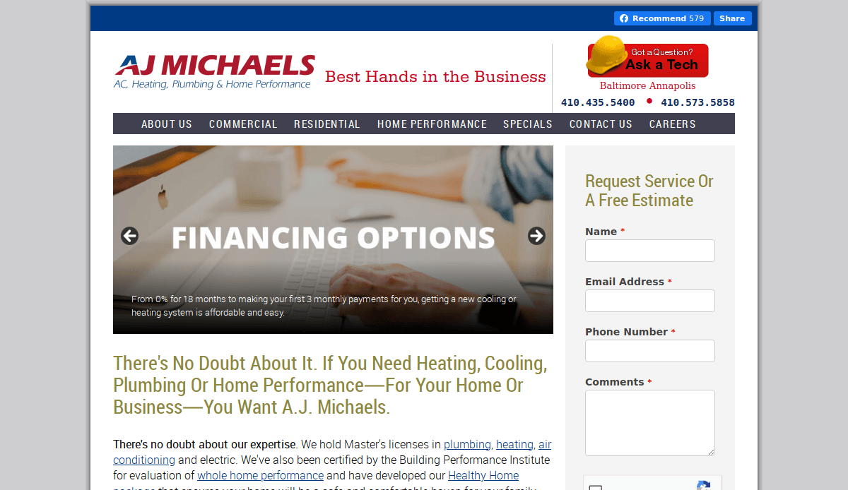 Screenshot of the A.J. Michaels website homepage, showcasing their logo, slogan Best Hands in the Business, financing options, website design highlights, navigation links, a service request form, and contact numbers for Baltimore and Annapolis.