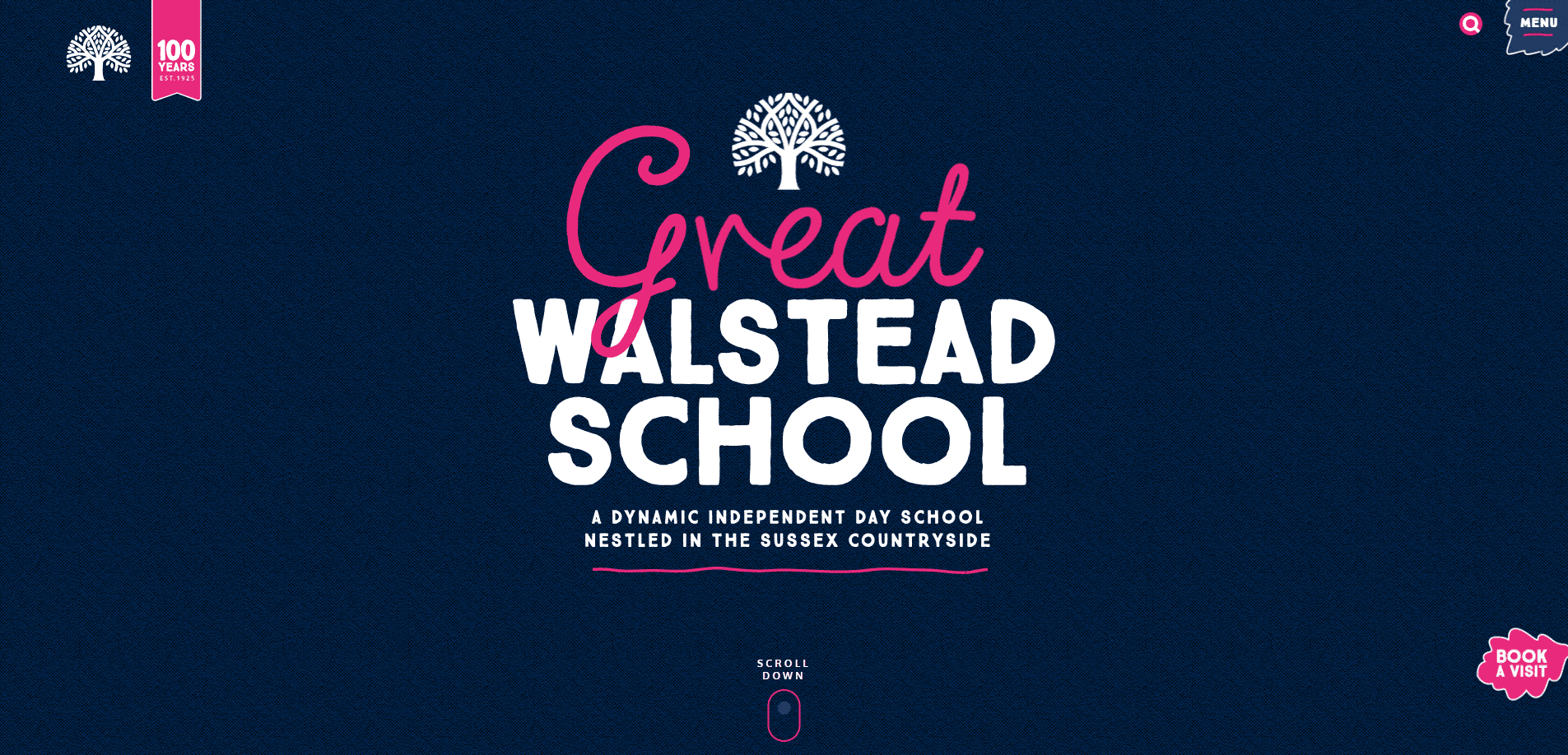 Navy blue webpage with a white tree logo, bold text reading “Great Walstead School,” and a tagline: “A dynamic independent day school nestled in the Sussex countryside.” Pink and white icons enhance this user-focused education website design for 2025.