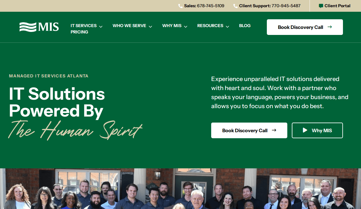 Screenshot of MIS homepage showcasing MSP website design with a green banner, white text about IT solutions, a Book Discovery Call button, and a team photo at the bottom. Contact numbers appear in the header.