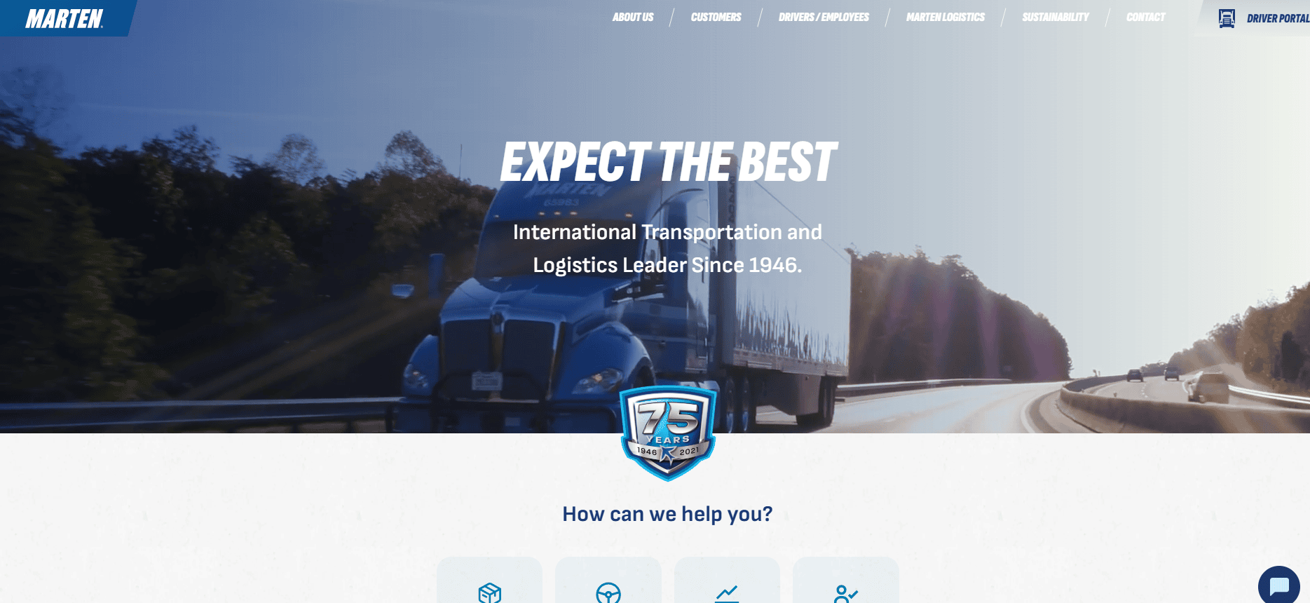 A large blue semi-truck drives down a highway under a clear sky. White text reads EXPECT THE BEST, followed by International Transportation and Logistics Leader Since 1946. A 75 Years badge appears below—explore top transportation website must-haves today.