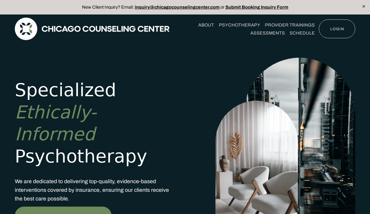 Screenshot of the Chicago Counseling Center therapist website, featuring a dark background, the center’s logo, navigation menu, and welcoming text promoting specialized, ethically-informed therapy services. A modern office photo appears on the right side.