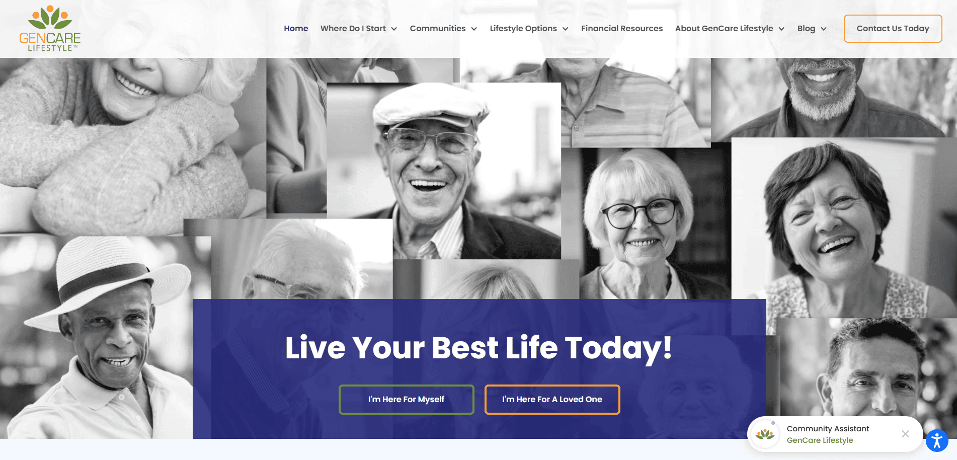 A collage of smiling seniors, both men and women, in black and white. Below, a purple banner reads Live Your Best Life Today! with buttons for I’m Here For Myself and I’m Here For A Loved One—perfect for a senior living website design.