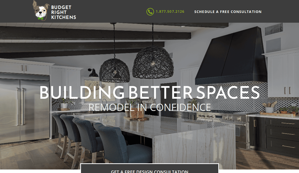 Modern kitchen with white countertops, patterned backsplash, dark cabinets, large island with chairs, and two woven pendant lights. Perfect inspiration for local service companies seeking standout web design. Text overlay reads Building Better Spaces Remodel in Confidence.