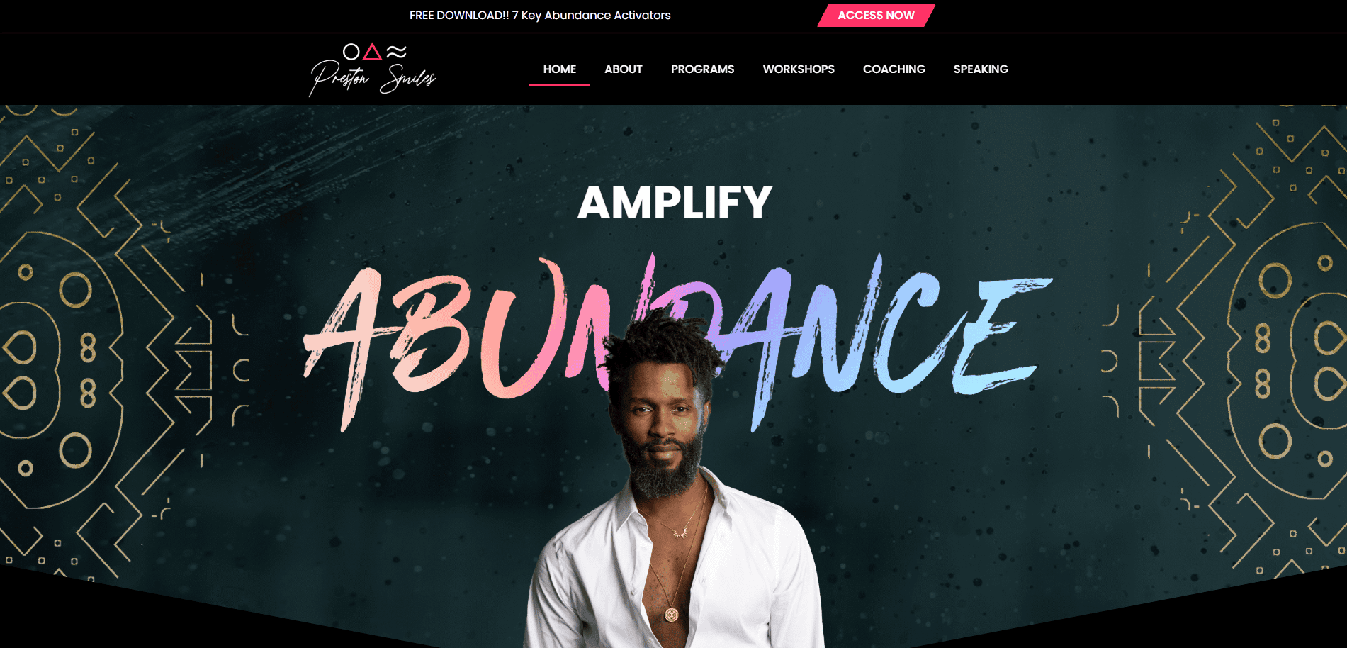 A man with a beard and open white shirt stands in front of a dark, patterned background with the words AMPLIFY ABUNDANCE above him, reflecting a bold Life Coach website designed to attract and inspire clients. Navigation menu appears at the top of the page.