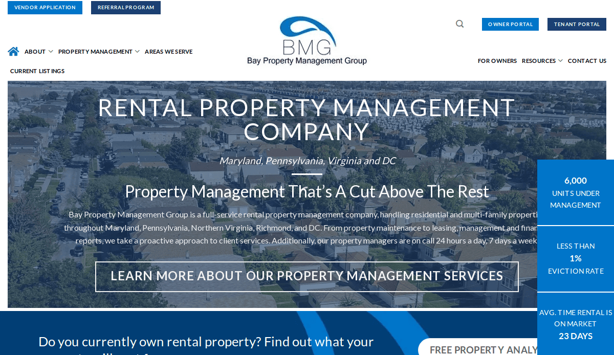 A property management website design for Bay Property Management Group displays information about rental property management services in Maryland, Pennsylvania, Virginia, and DC, with service details and navigation buttons over a cityscape background.
