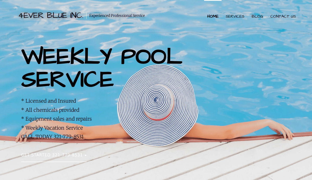 A person wearing a large, striped sun hat relaxes at the edge of a bright blue swimming pool. Text highlights weekly pool service and repairs—visit our pool service website for licensing, chemicals, and 4ever Blue Inc. contact information.
