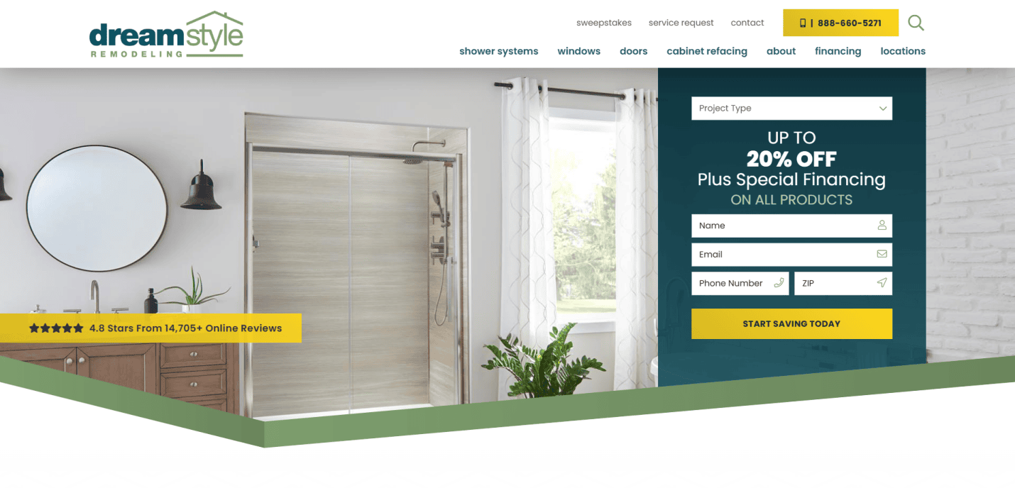 Website homepage for Dreamstyle Remodeling featuring a modern shower with glass doors, a vanity with mirror, a contact form, and a promo for up to 20% off and special financing—plus info on Kitchen Remodeling services.