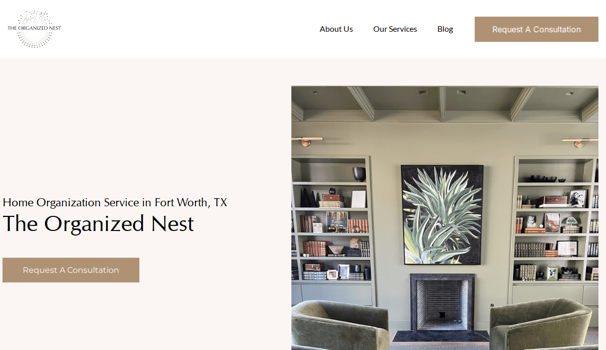 Screenshot of The Organized Nest website, featuring home organizers in Fort Worth, TX. A cozy living room with green walls, built-in bookshelves, a fireplace, and framed art is shown. The site runs smoothly thanks to expert WordPress maintenance.