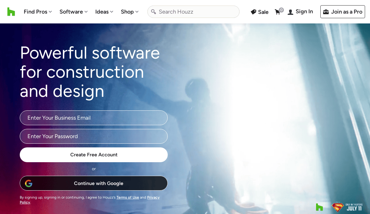 A website homepage for Houzz Pro showing a sign-up form for powerful construction and design software, with fields for email and password, and a blue-toned background image like a website blueprint of someone working on a project.