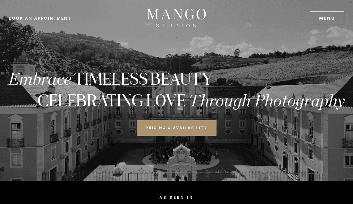 A scenic black-and-white photo of a large, elegant courtyard surrounded by ornate buildings, with hills and trees in the background. Overlaid text reads, “Embrace Timeless Beauty, Celebrating Love Through Photography”—perfect wedding website inspiration.