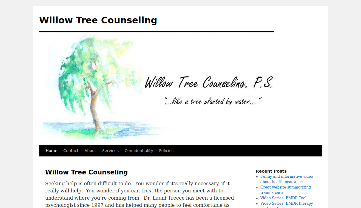 Screenshot of the Willow Tree Counseling therapist website homepage, featuring a watercolor willow tree and the tagline ...like a tree planted by water... above the site navigation and introductory therapy-focused text.