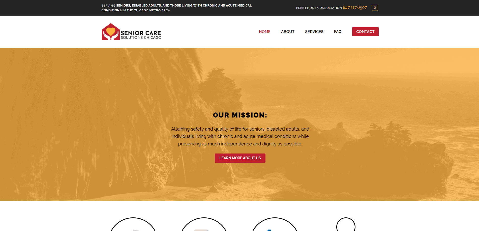 Website homepage for Senior Care Solutions Chicago, featuring a navigation bar, logo, and a mission statement over a sepia-toned coastal landscape. A red button labeled Learn More About Us invites visitors to explore our senior living guide.