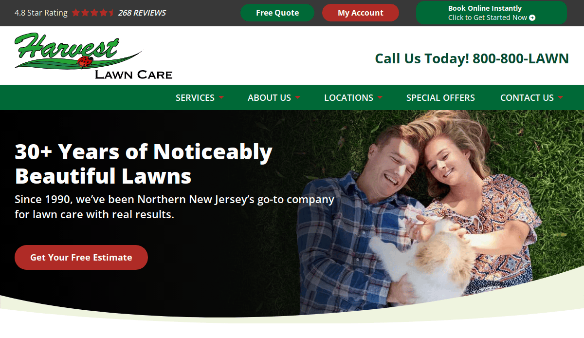 A smiling couple lies on green grass with a small dog, under text promoting Harvest Lawn Care’s lawn services for Local Service Companies, 4.8-star reviews, a contact number, and a red button offering a free estimate.