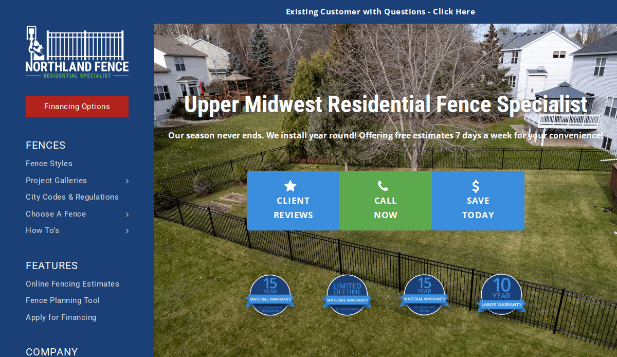 Screenshot of Northland Fence Service Website homepage showing a fenced backyard, with blue header, company logo, and large buttons labeled Client Reviews, Call Now, and Save Today overlaid on the image.
