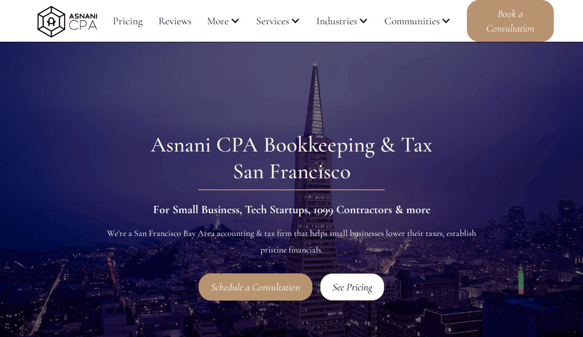 Screenshot of a high-performance CPA website homepage, featuring a city skyline with the Transamerica Pyramid at dusk. White text highlights bookkeeping and tax services in San Francisco. Two buttons read Schedule a Consultation and See Pricing.