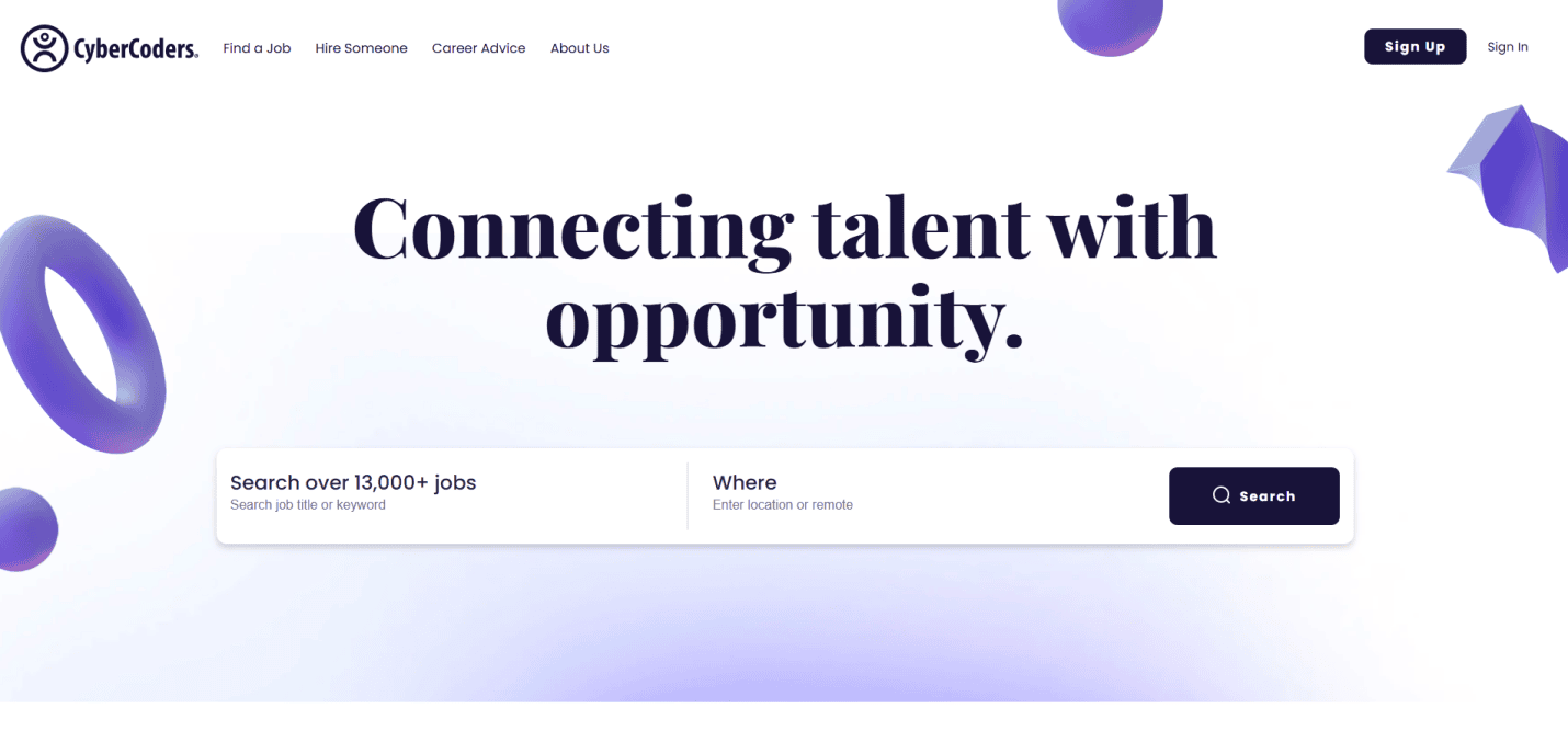 Screenshot of the CyberCoders website homepage, a recruitment agency platform displaying “Connecting talent with opportunity” above a job search bar. The clean website design features a white background with purple accents.