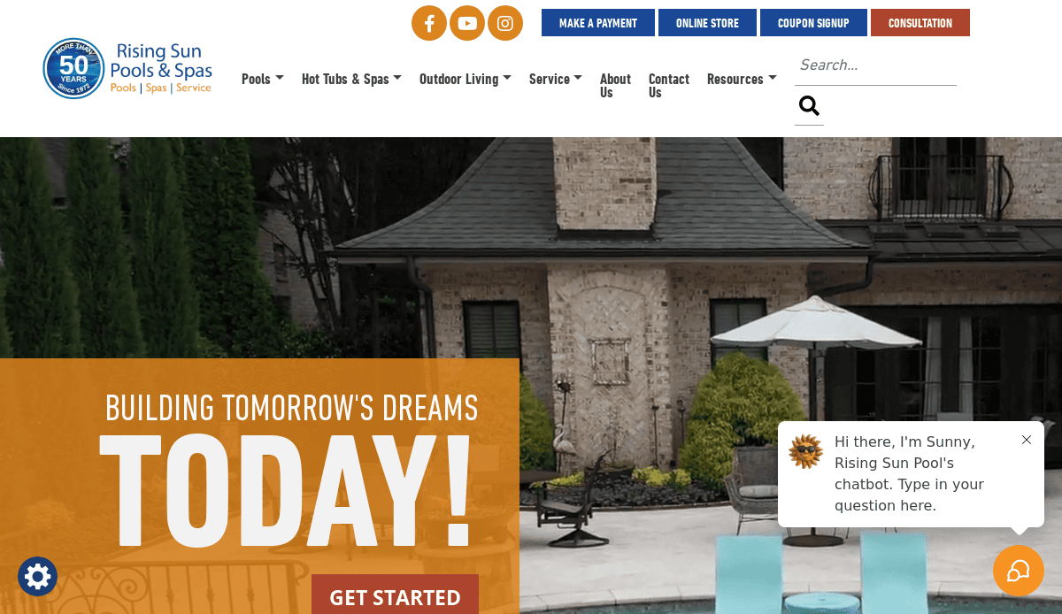 A website homepage for Rising Sun Pools & Spas features a stone house with a pool, an orange banner reading BUILDING TOMORROWS DREAMS TODAY!, effective strategies in website design, navigation menus, and a chat popup from Sunny, the virtual assistant.