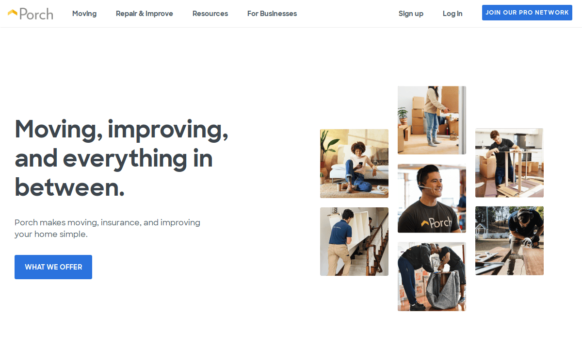 Porch website homepage showing the text Moving, improving, and everything in between on the left, with photos of people moving boxes, assembling furniture, exploring a kitchen portfolio, and working on home projects on the right.