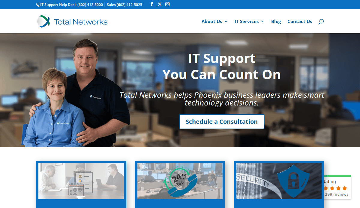 A man and woman in business attire stand smiling in an office. Text reads IT Support You Can Count On. Discover how Total Networks’ MSP web design helps Phoenix business leaders make smart technology decisions. “Schedule a Consultation.”.